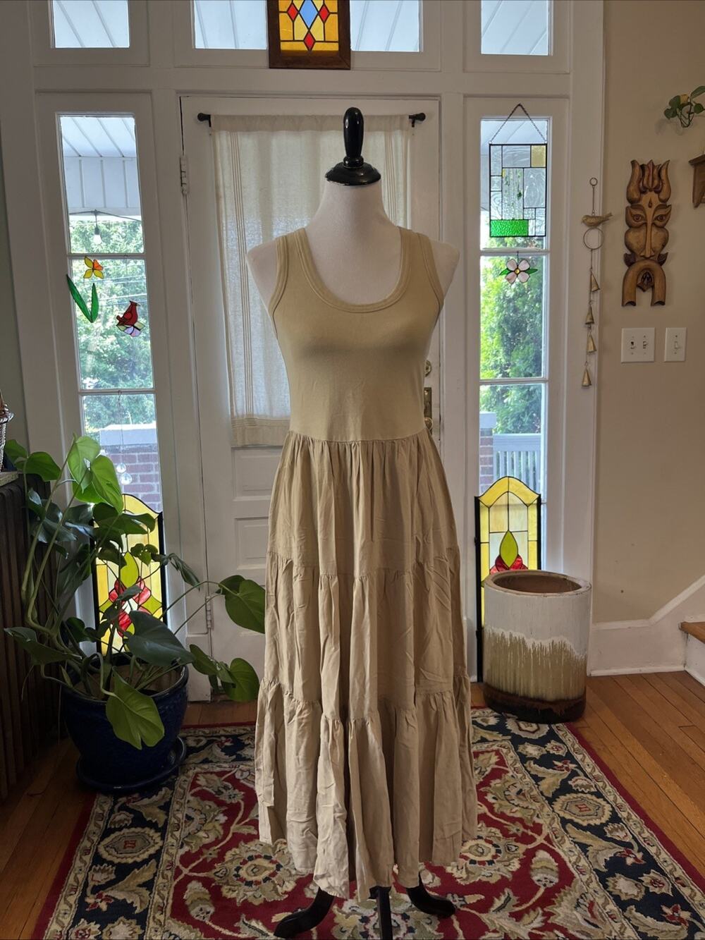 Soft Surroundings S Pet Cotton Rayon Tiered Tank Maxi Peasant Light Brown Dress